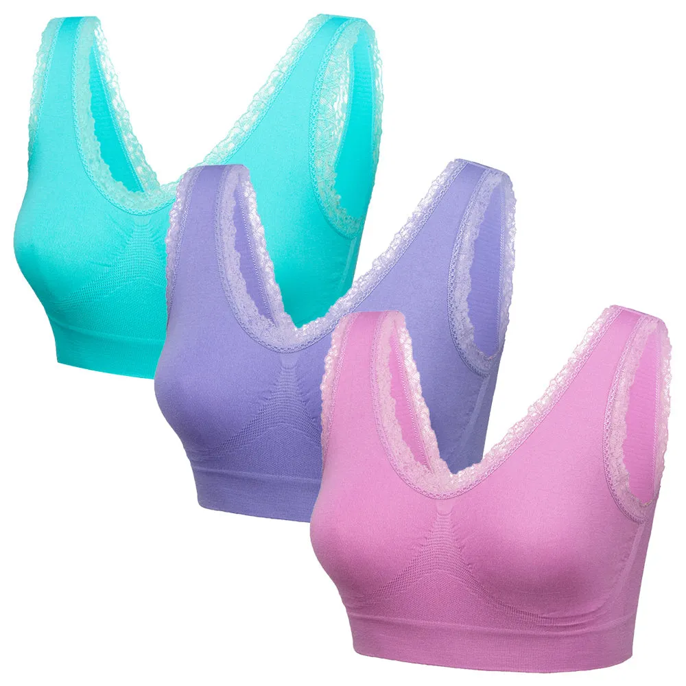 3 Pack Comfort Lace Trim Bras - Purple / Ruby / Blue