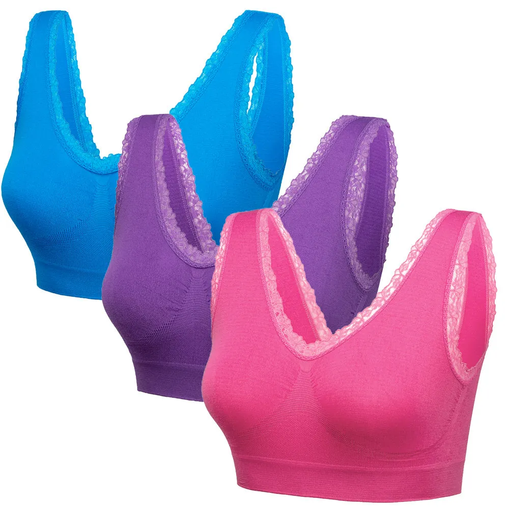 3 Pack Comfort Lace Trim Bras - Purple / Ruby / Blue