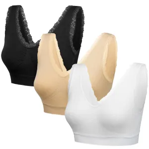 3 Pack Comfort Lace Trim Bras - Purple / Ruby / Blue