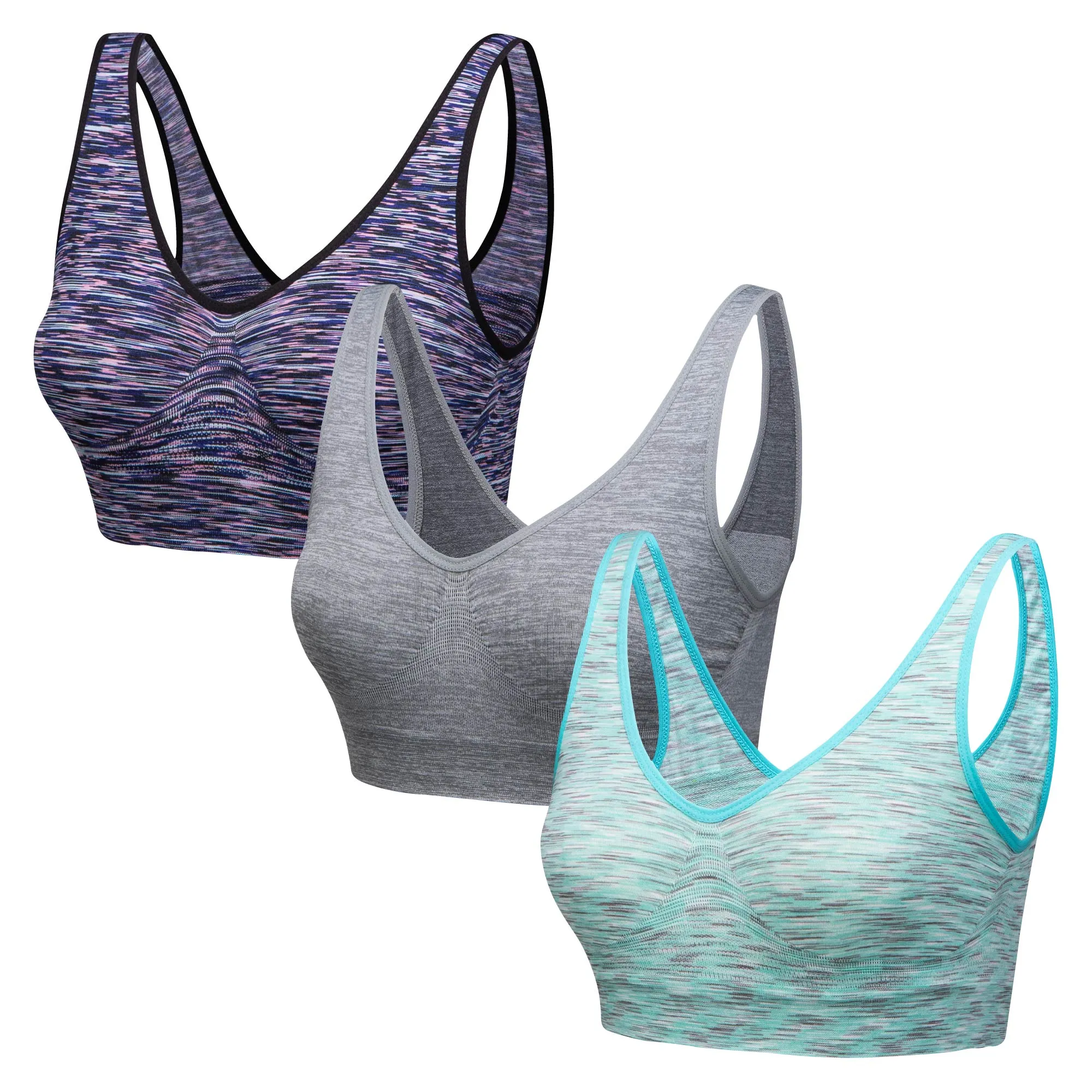 3 Pack Comfort Marl Seamless Bras - Navy / Aqua / Grey