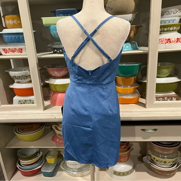 Always The Finest Slate Blue Satin Faux-Wrap Mini Dress - Size Medium