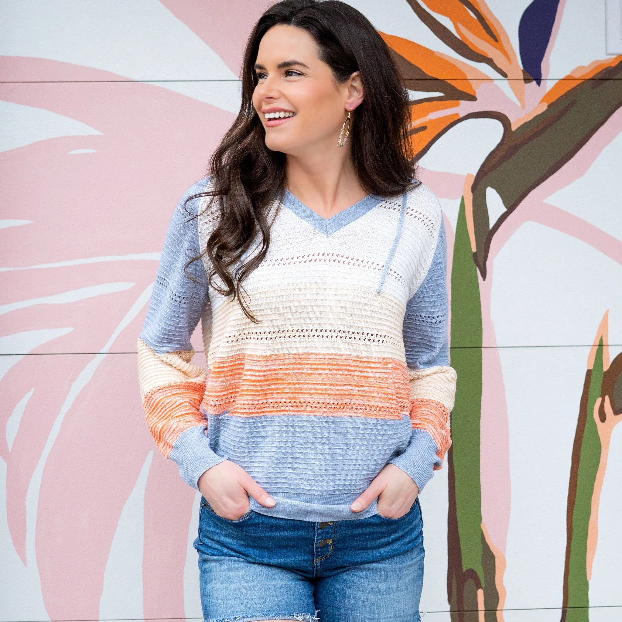 Avalon Crochet Color Block Hooded Pullover