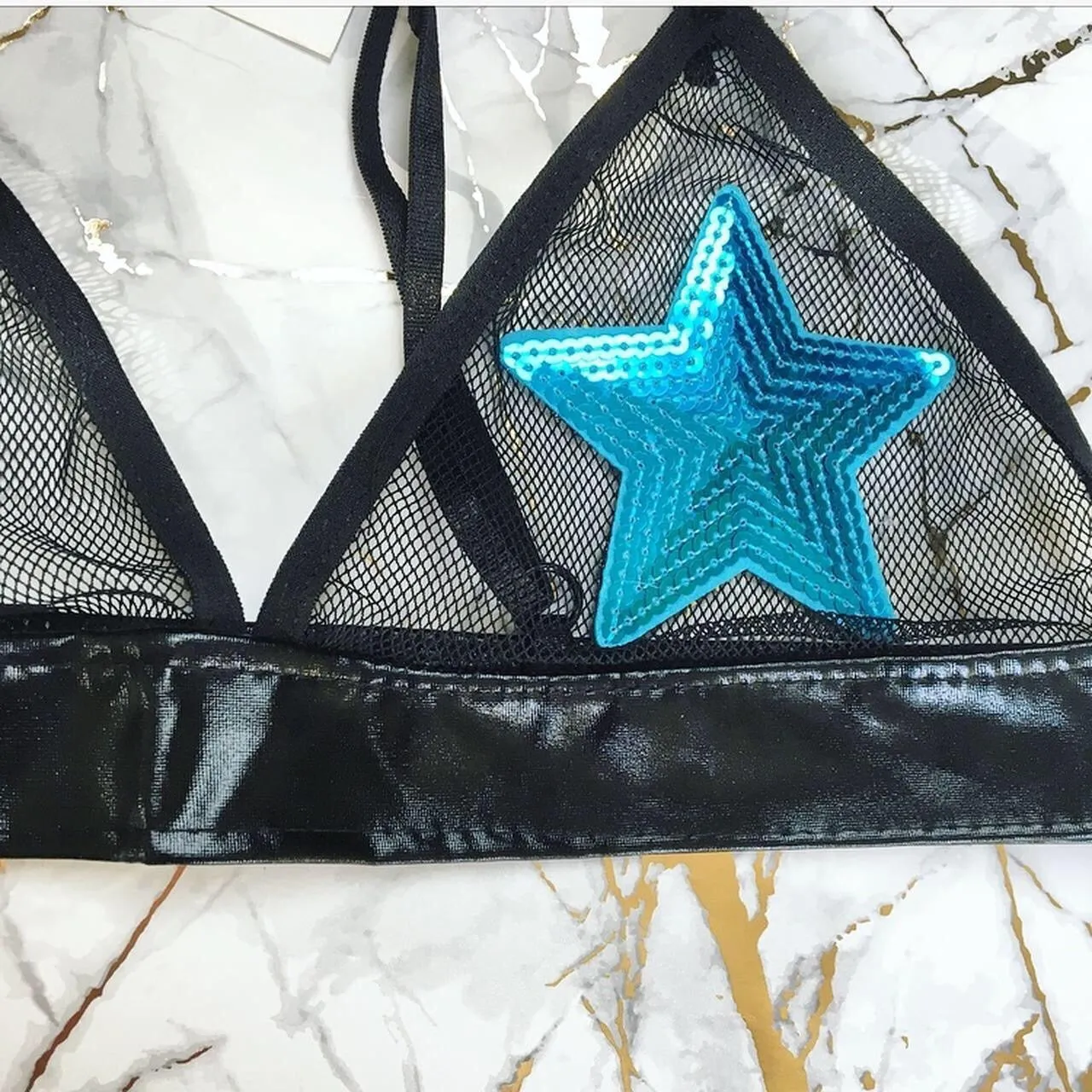 Blue Sequin Star Mesh Faux Leather Bra