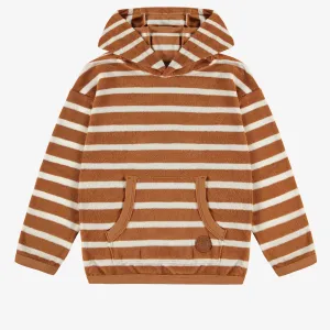 Chandail lignée caramal et crème à capuchon en ratine, enfant || Brown and cream striped hoodie in terry, child