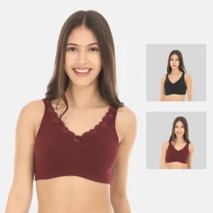 Cotton Bra | Lace Detailing | Full Coverage | Wire-Free & Non-Padded | Seamless Cups | No Centre Panel | Hidden Side Panels | 2 Pack