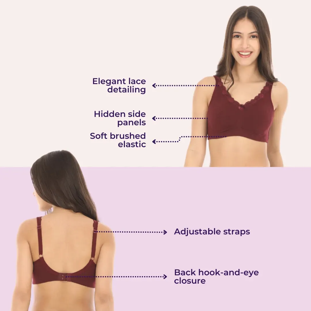 Cotton Bra | Lace Detailing | Full Coverage | Wire-Free & Non-Padded | Seamless Cups | No Centre Panel | Hidden Side Panels | 2 Pack