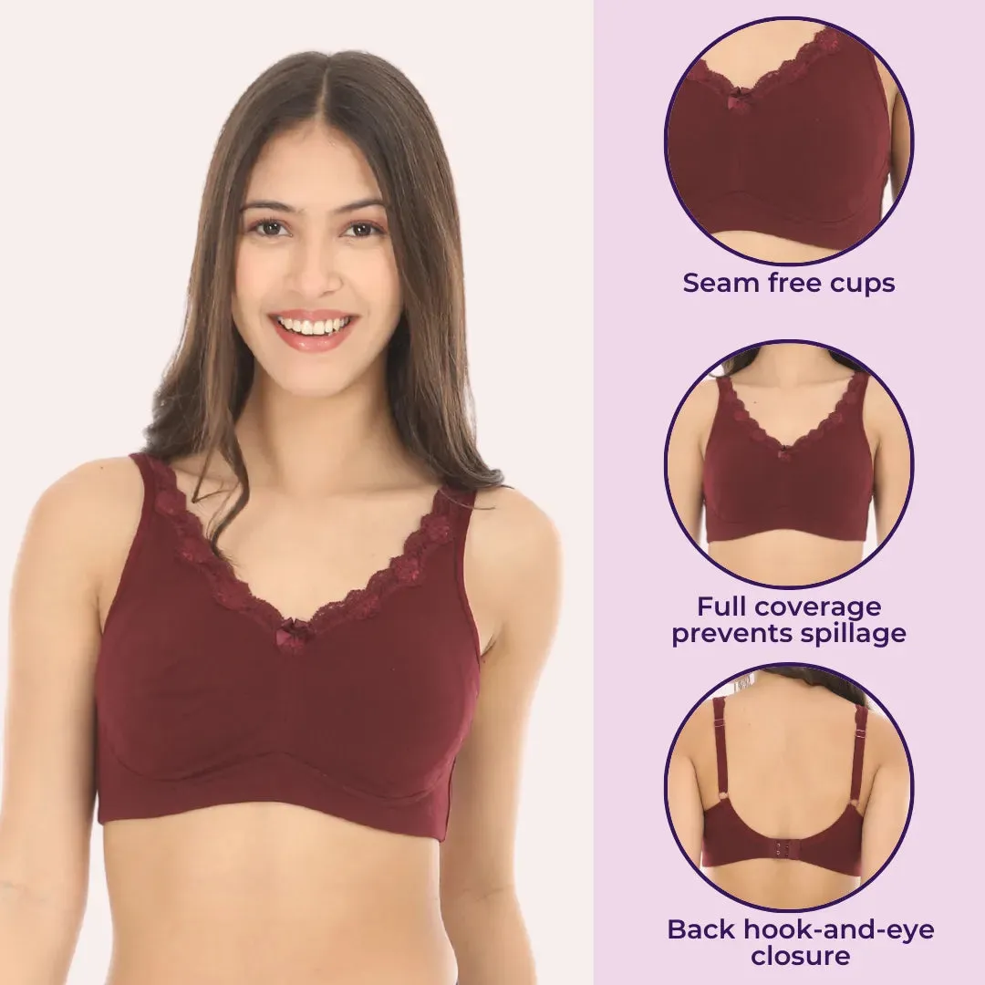 Cotton Bra | Lace Detailing | Full Coverage | Wire-Free & Non-Padded | Seamless Cups | No Centre Panel | Hidden Side Panels | 2 Pack