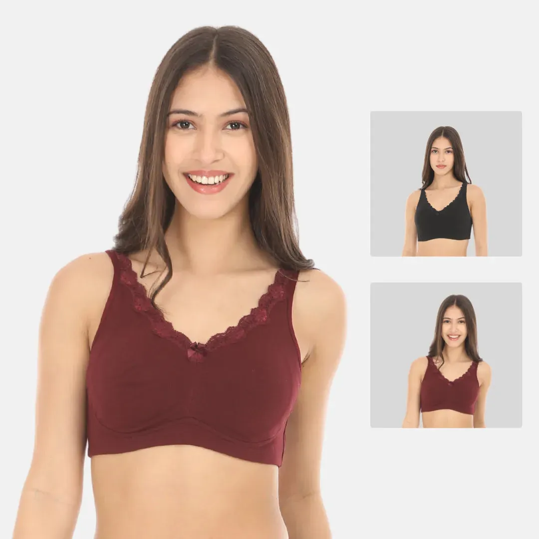 Cotton Bra | Lace Detailing | Full Coverage | Wire-Free & Non-Padded | Seamless Cups | No Centre Panel | Hidden Side Panels | 2 Pack
