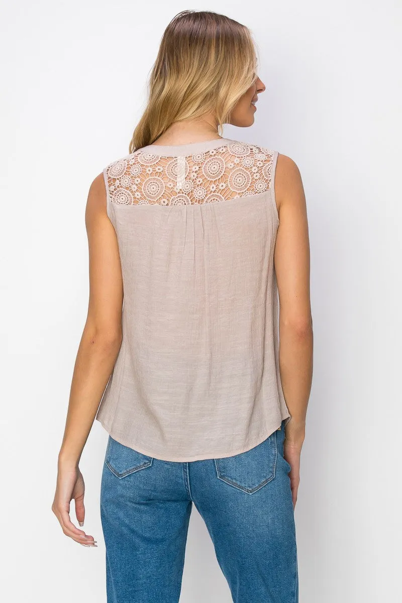Cotton Eyelet Yoke Sleeveless Casual Woven Shirt