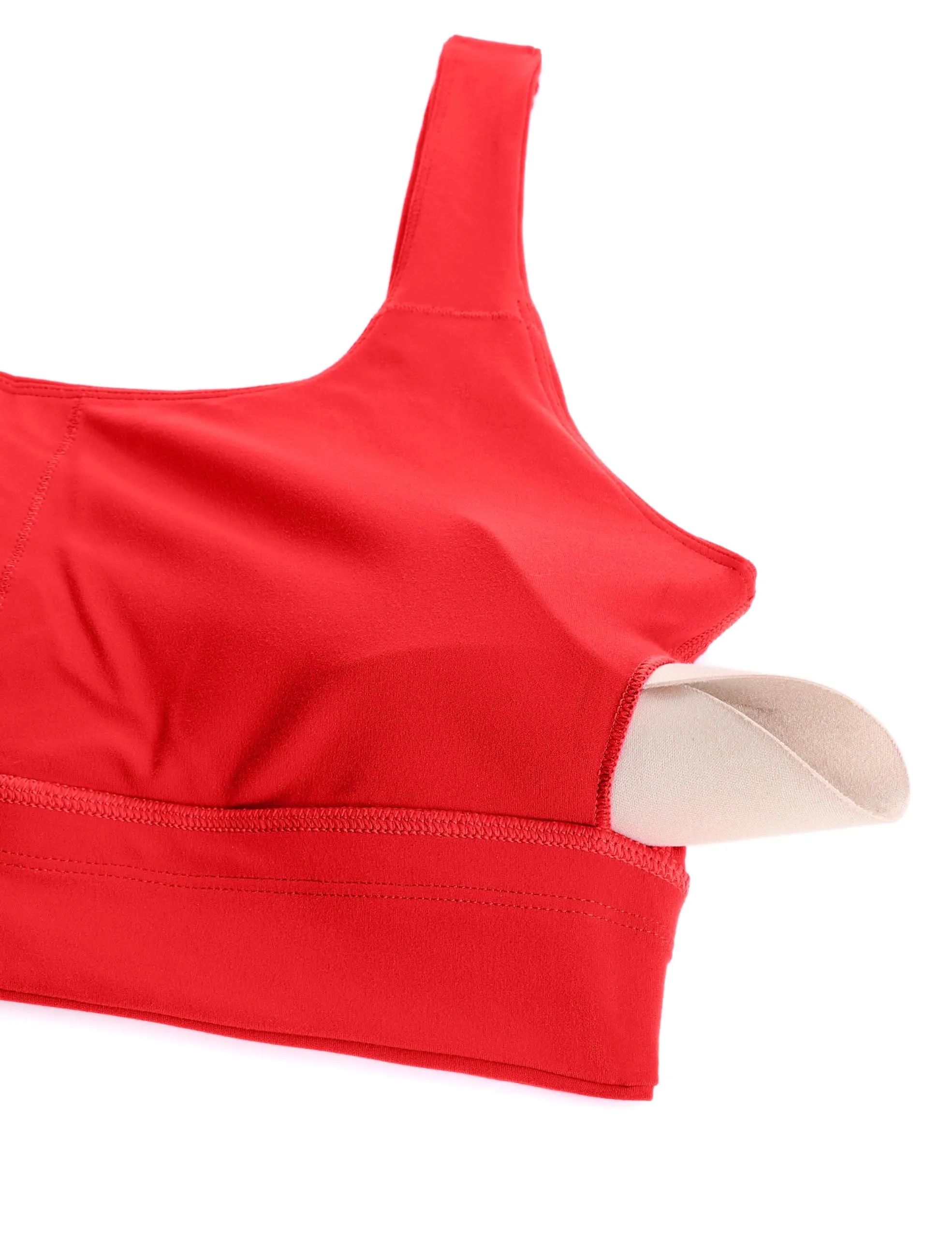 CRZ YOGA Butterluxe Womens U Back Sports Bra - Scoop Neck Padded Low Impact Yoga Clothes Workout Crop Top with Built in Pads Deep Red