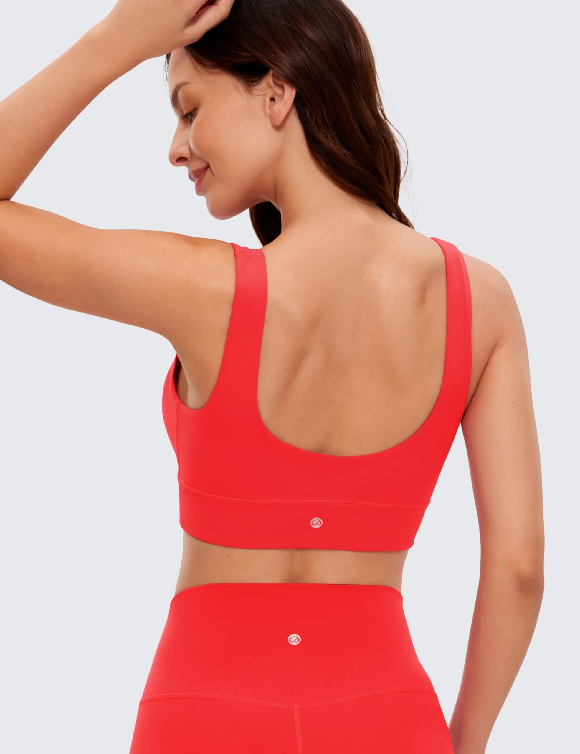 CRZ YOGA Butterluxe Womens U Back Sports Bra - Scoop Neck Padded Low Impact Yoga Clothes Workout Crop Top with Built in Pads Deep Red