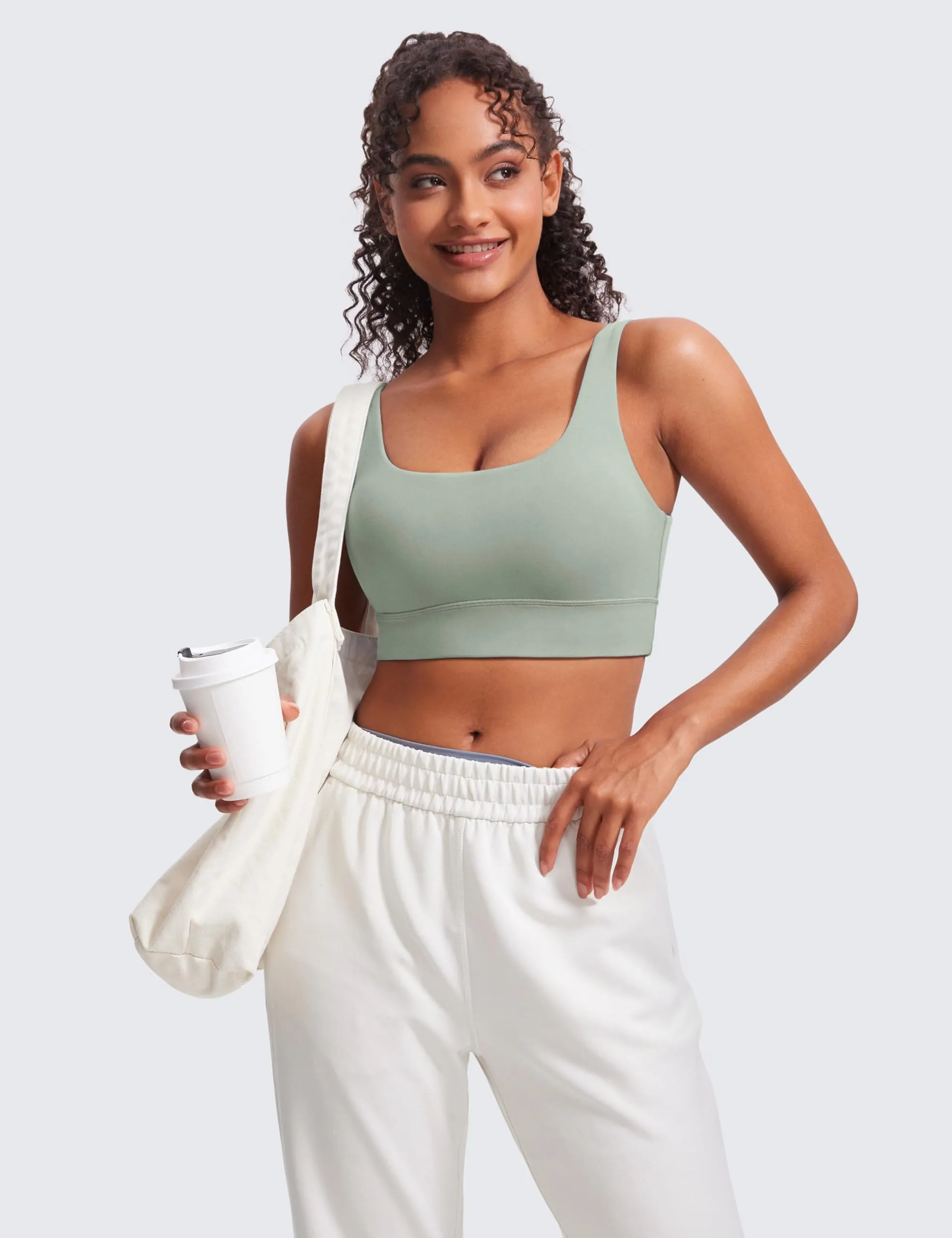 CRZ YOGA Butterluxe Womens U Back Sports Bra - Scoop Neck Padded Low Impact Yoga Clothes Workout Crop Top with Built in Pads Green Palm Court