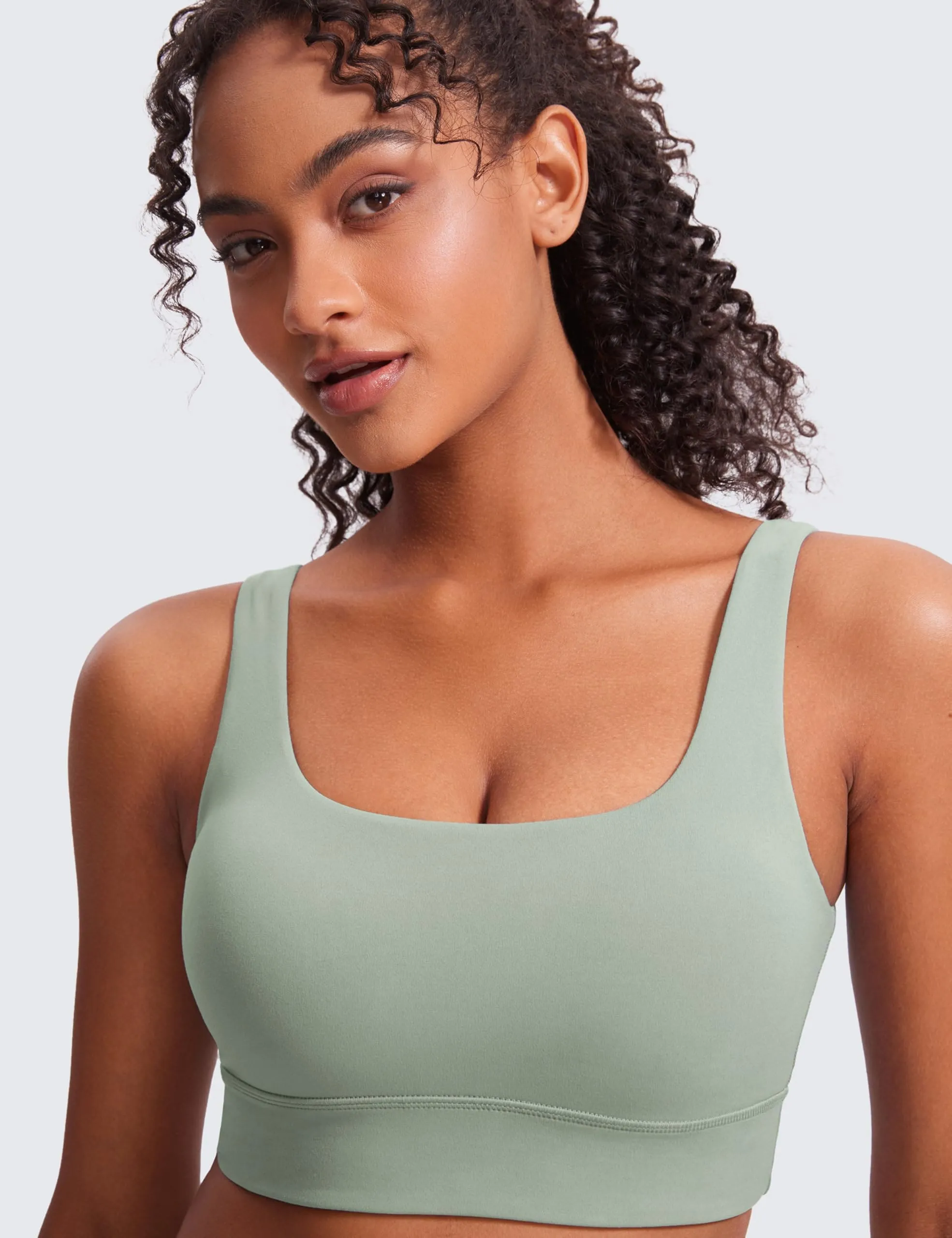 CRZ YOGA Butterluxe Womens U Back Sports Bra - Scoop Neck Padded Low Impact Yoga Clothes Workout Crop Top with Built in Pads Green Palm Court