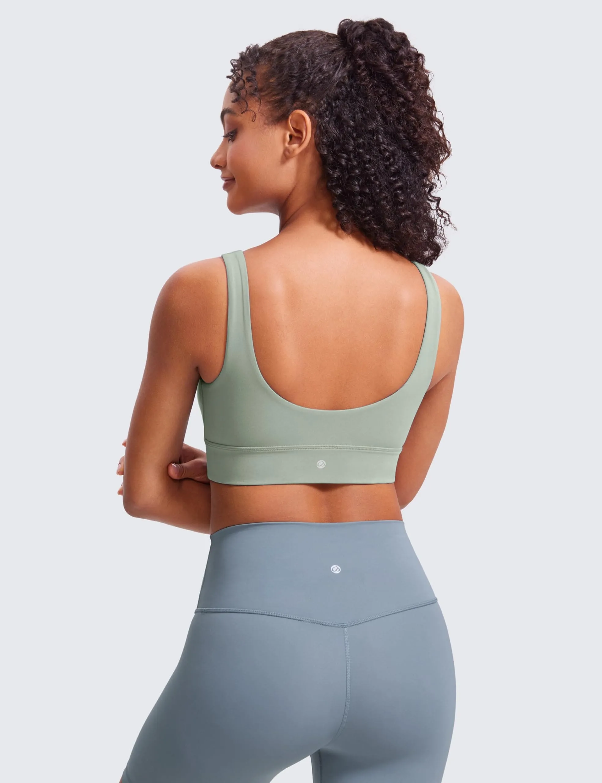 CRZ YOGA Butterluxe Womens U Back Sports Bra - Scoop Neck Padded Low Impact Yoga Clothes Workout Crop Top with Built in Pads Green Palm Court