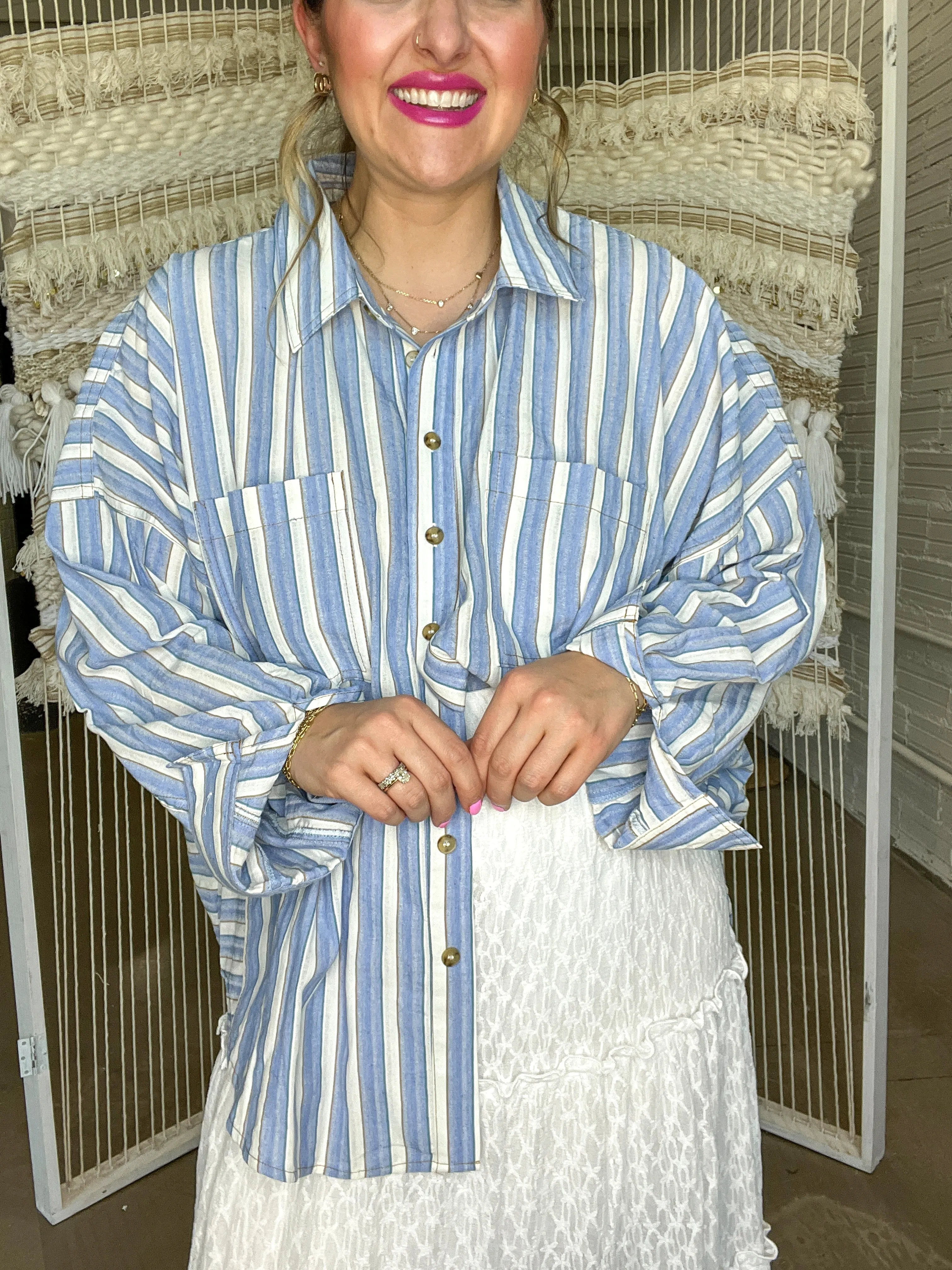 Dainty Blue Stripe Dolman Button Up