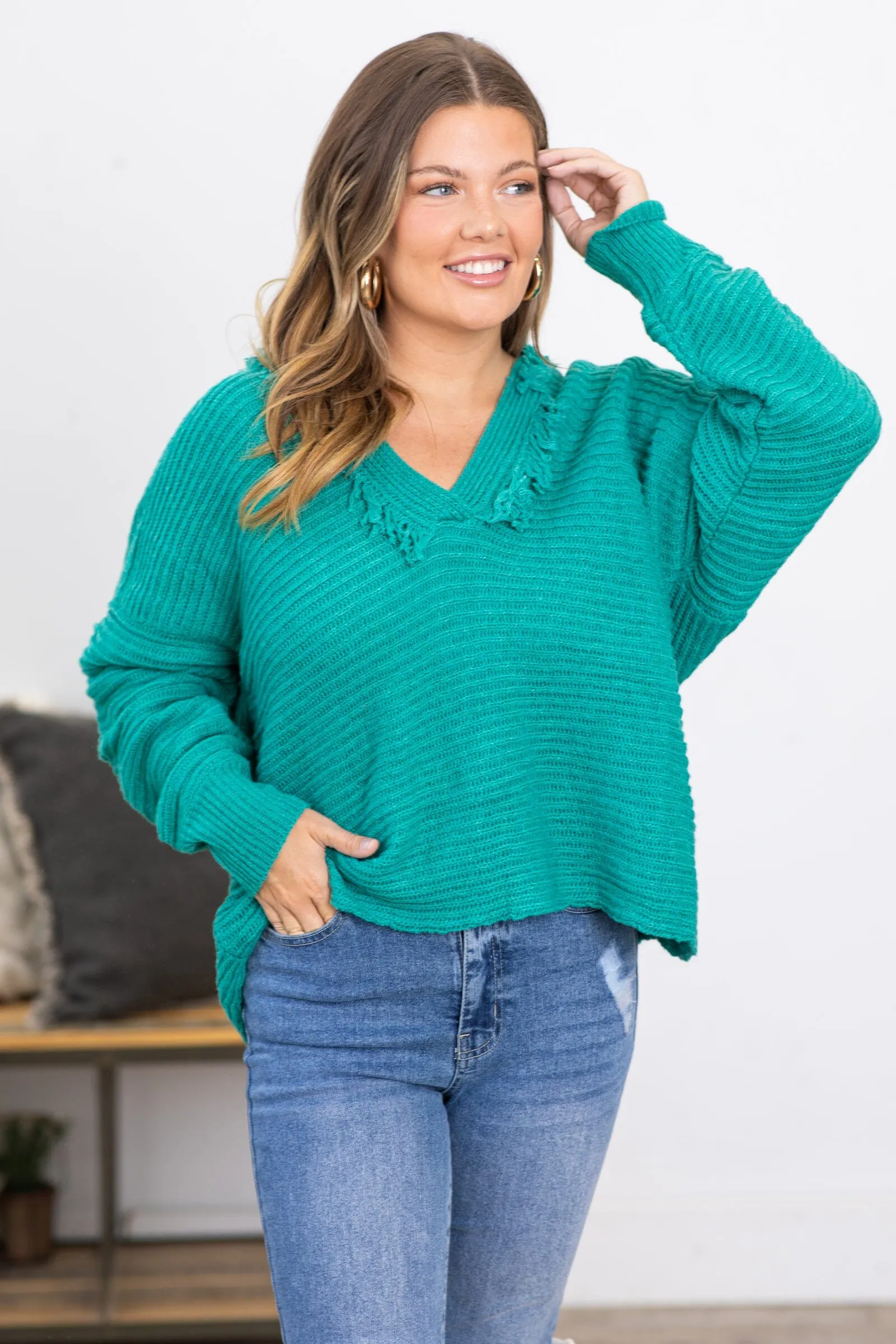 Dark Mint Hooded Sweater With Fringe