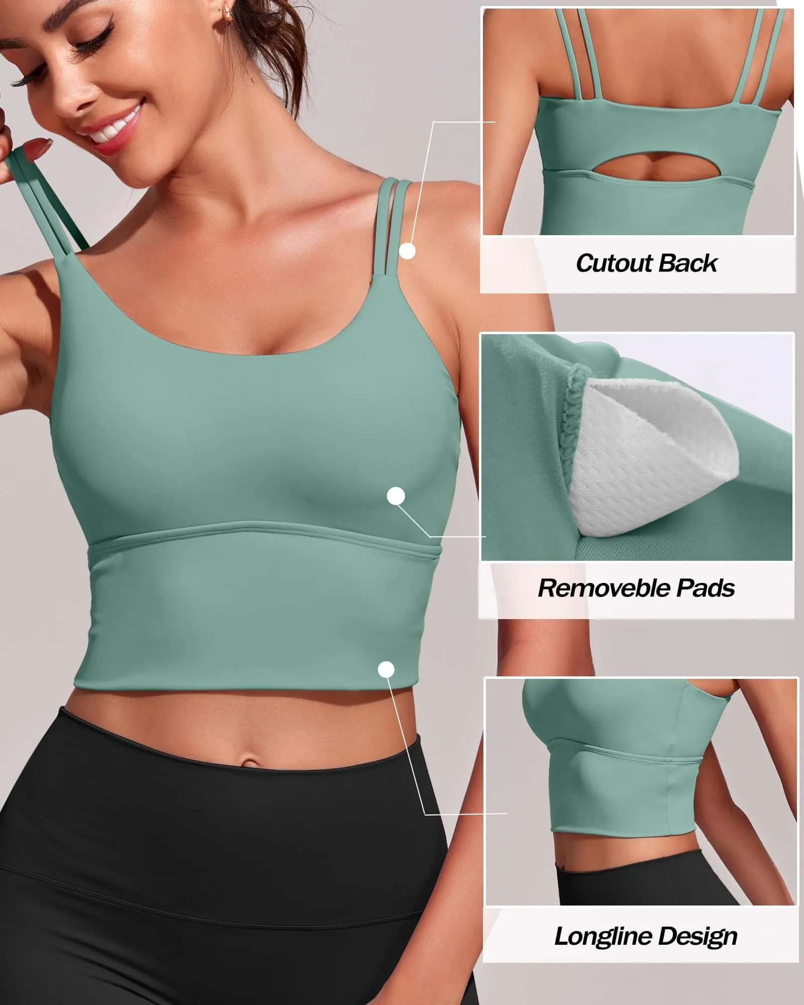 Everrysea Longline Sports Bra for Women Padded Workout Tank Tops Built in Bras Strappy Yoga Corp Top Camisole Blue Green