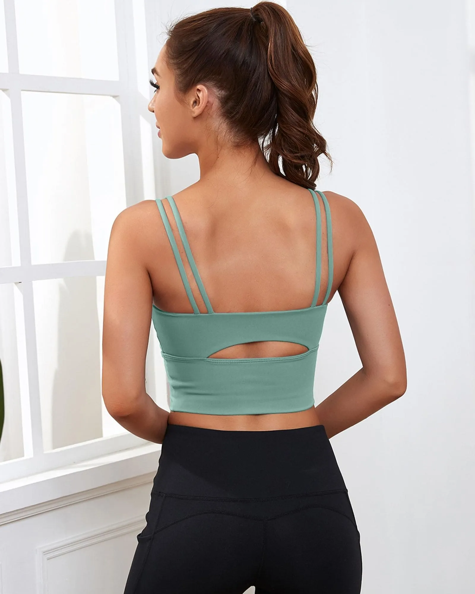 Everrysea Longline Sports Bra for Women Padded Workout Tank Tops Built in Bras Strappy Yoga Corp Top Camisole Blue Green