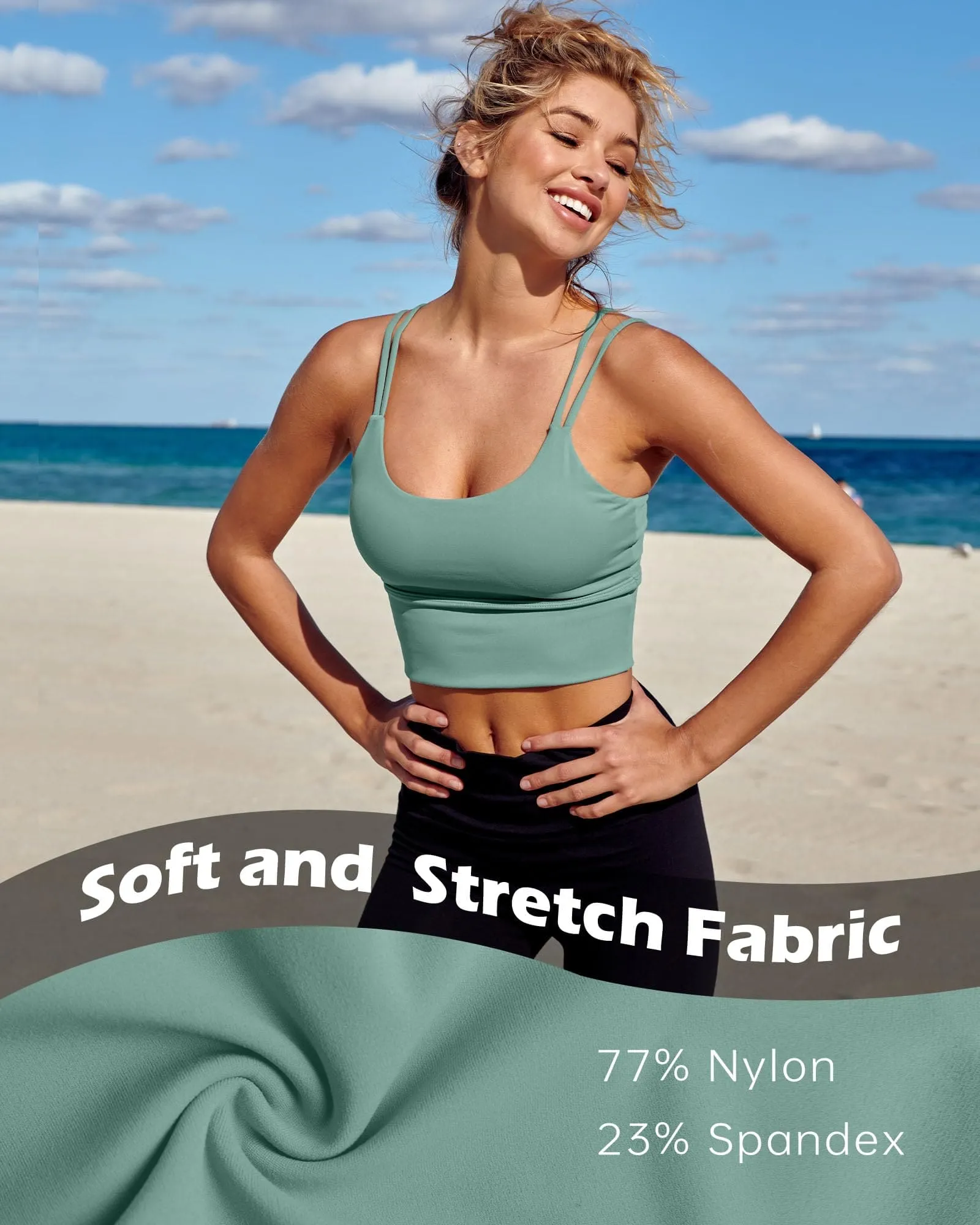 Everrysea Longline Sports Bra for Women Padded Workout Tank Tops Built in Bras Strappy Yoga Corp Top Camisole Blue Green