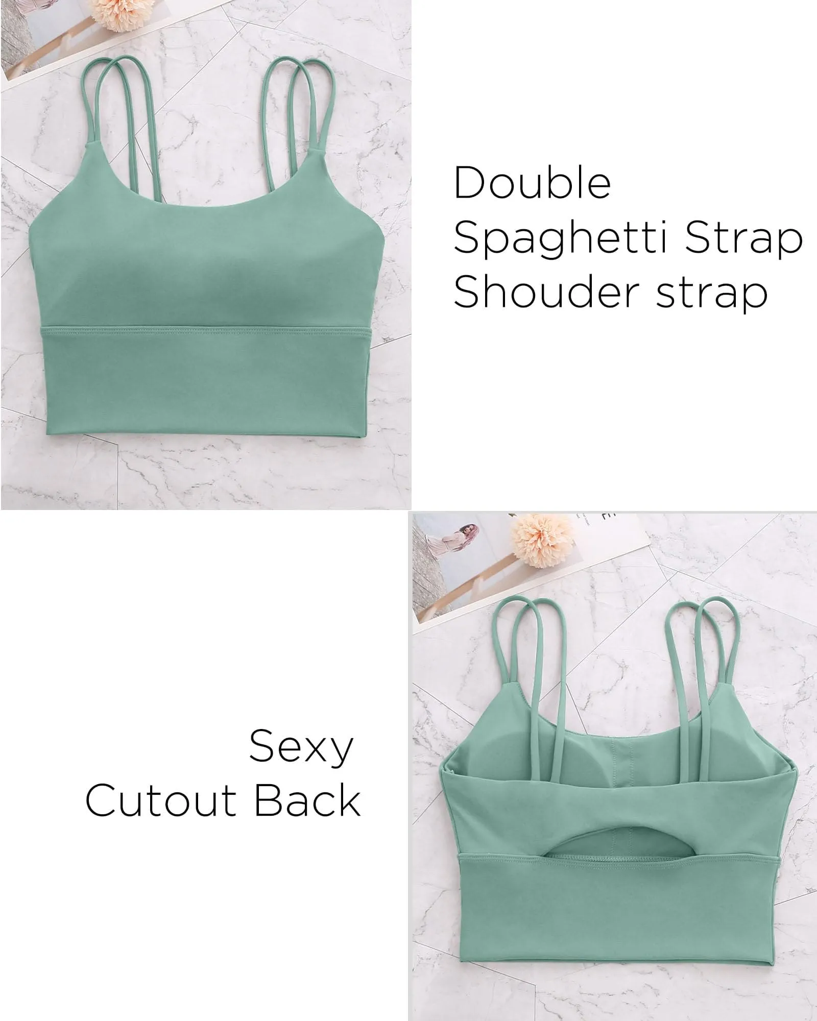 Everrysea Longline Sports Bra for Women Padded Workout Tank Tops Built in Bras Strappy Yoga Corp Top Camisole Blue Green