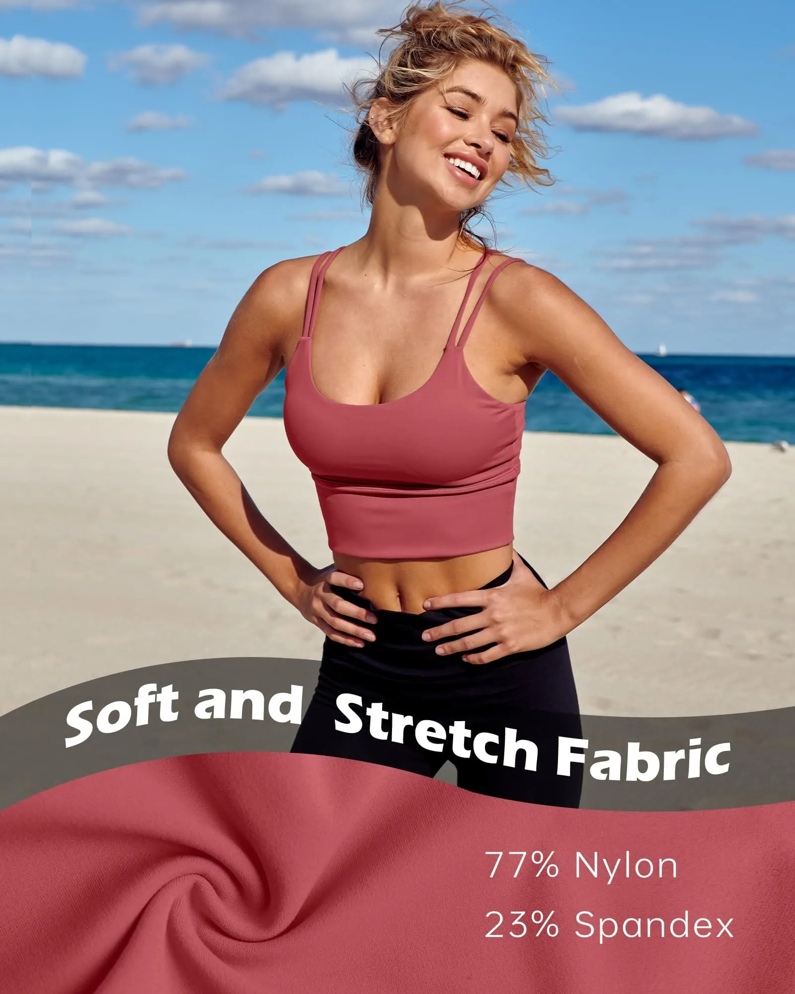 Everrysea Longline Sports Bra for Women Padded Workout Tank Tops Built in Bras Strappy Yoga Corp Top Camisole Rose