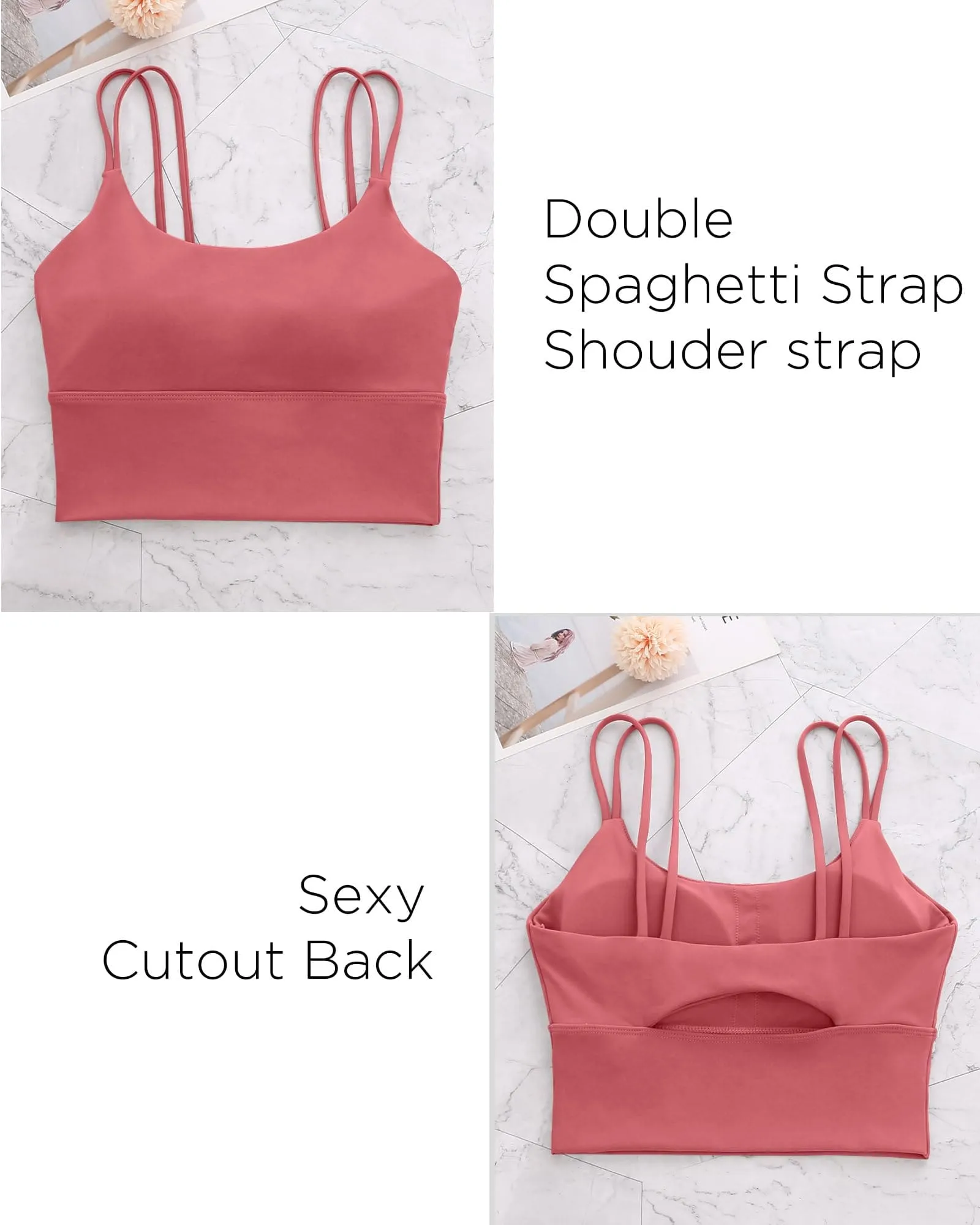 Everrysea Longline Sports Bra for Women Padded Workout Tank Tops Built in Bras Strappy Yoga Corp Top Camisole Rose