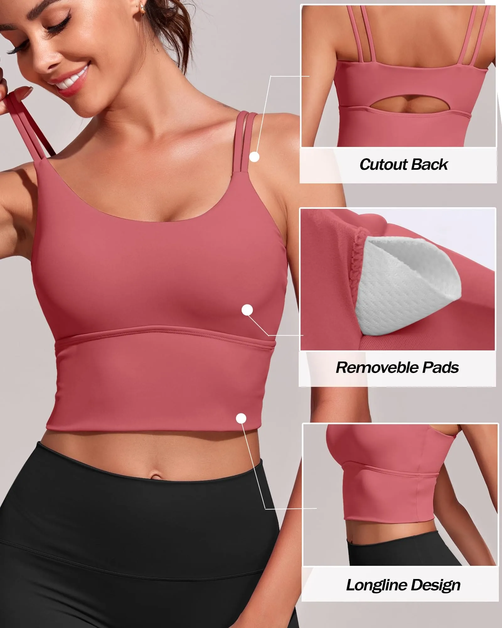 Everrysea Longline Sports Bra for Women Padded Workout Tank Tops Built in Bras Strappy Yoga Corp Top Camisole Rose