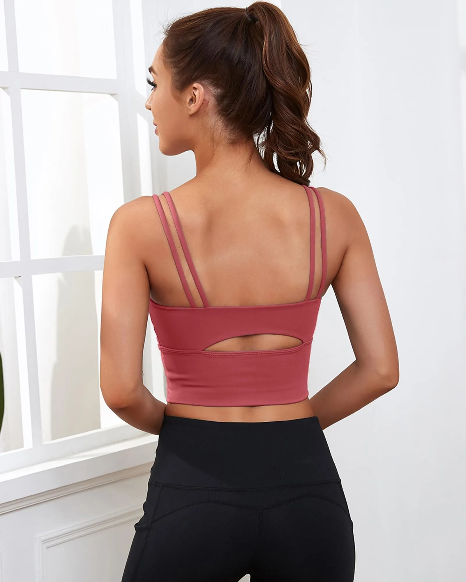 Everrysea Longline Sports Bra for Women Padded Workout Tank Tops Built in Bras Strappy Yoga Corp Top Camisole Rose