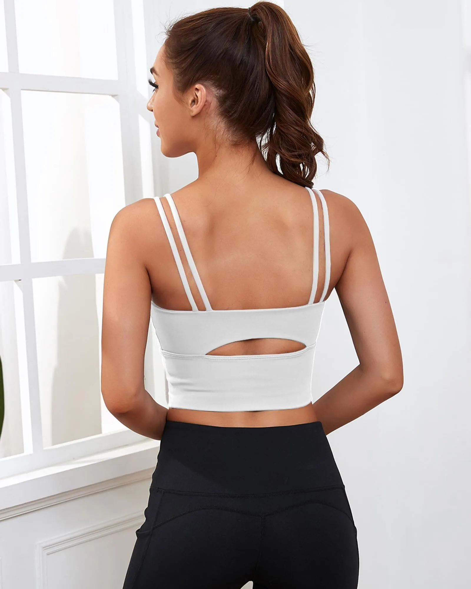 Everrysea Longline Sports Bra for Women Padded Workout Tank Tops Built in Bras Strappy Yoga Corp Top Camisole White