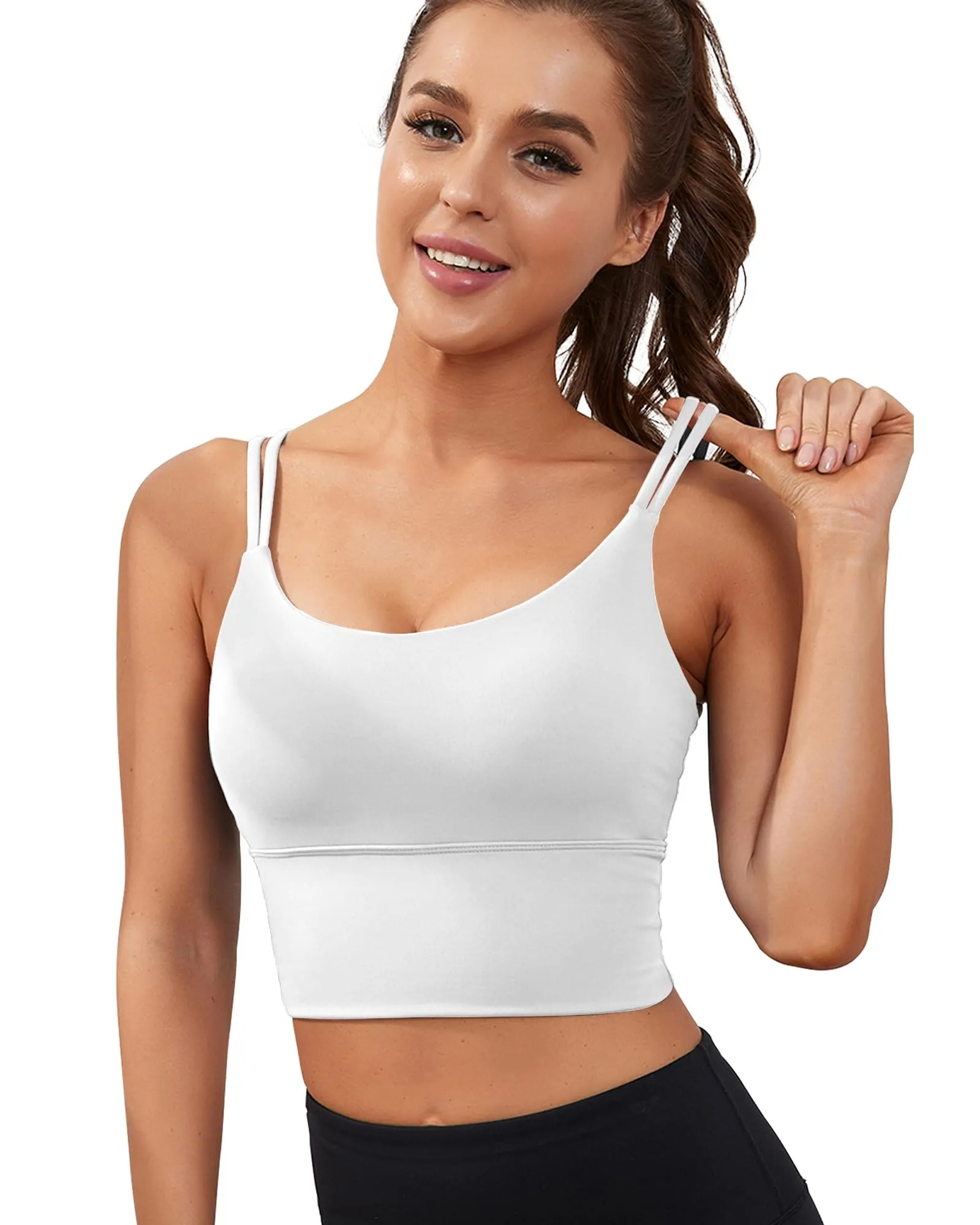 Everrysea Longline Sports Bra for Women Padded Workout Tank Tops Built in Bras Strappy Yoga Corp Top Camisole White