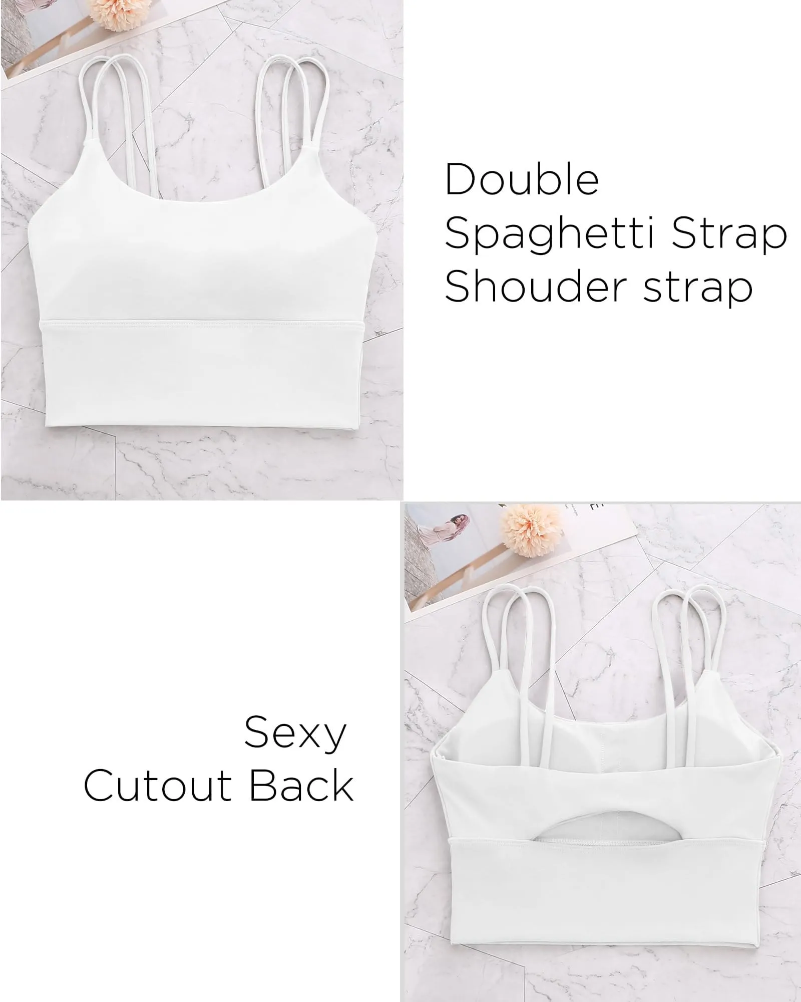 Everrysea Longline Sports Bra for Women Padded Workout Tank Tops Built in Bras Strappy Yoga Corp Top Camisole White