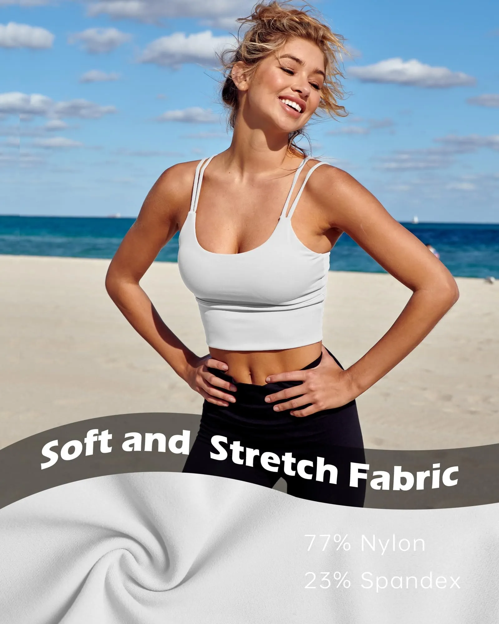 Everrysea Longline Sports Bra for Women Padded Workout Tank Tops Built in Bras Strappy Yoga Corp Top Camisole White