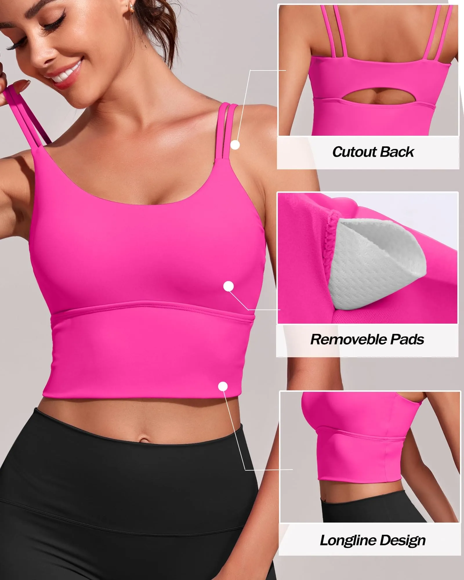 Everrysea Longline Sports Bra for Women Padded Workout Tank Tops Built in Bras Strappy Yoga Corp Top Camisole