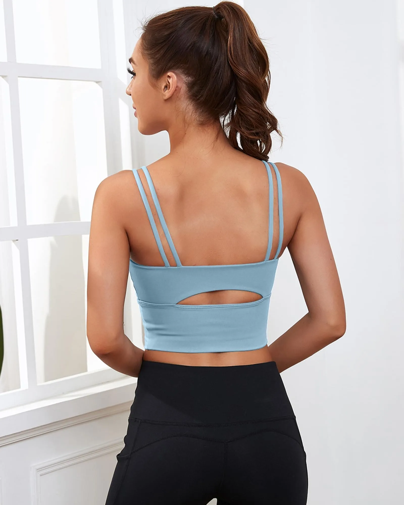 Everrysea Longline Sports Bra for Women Padded Workout Tank Tops Built in Bras Strappy Yoga Corp Top Camisole