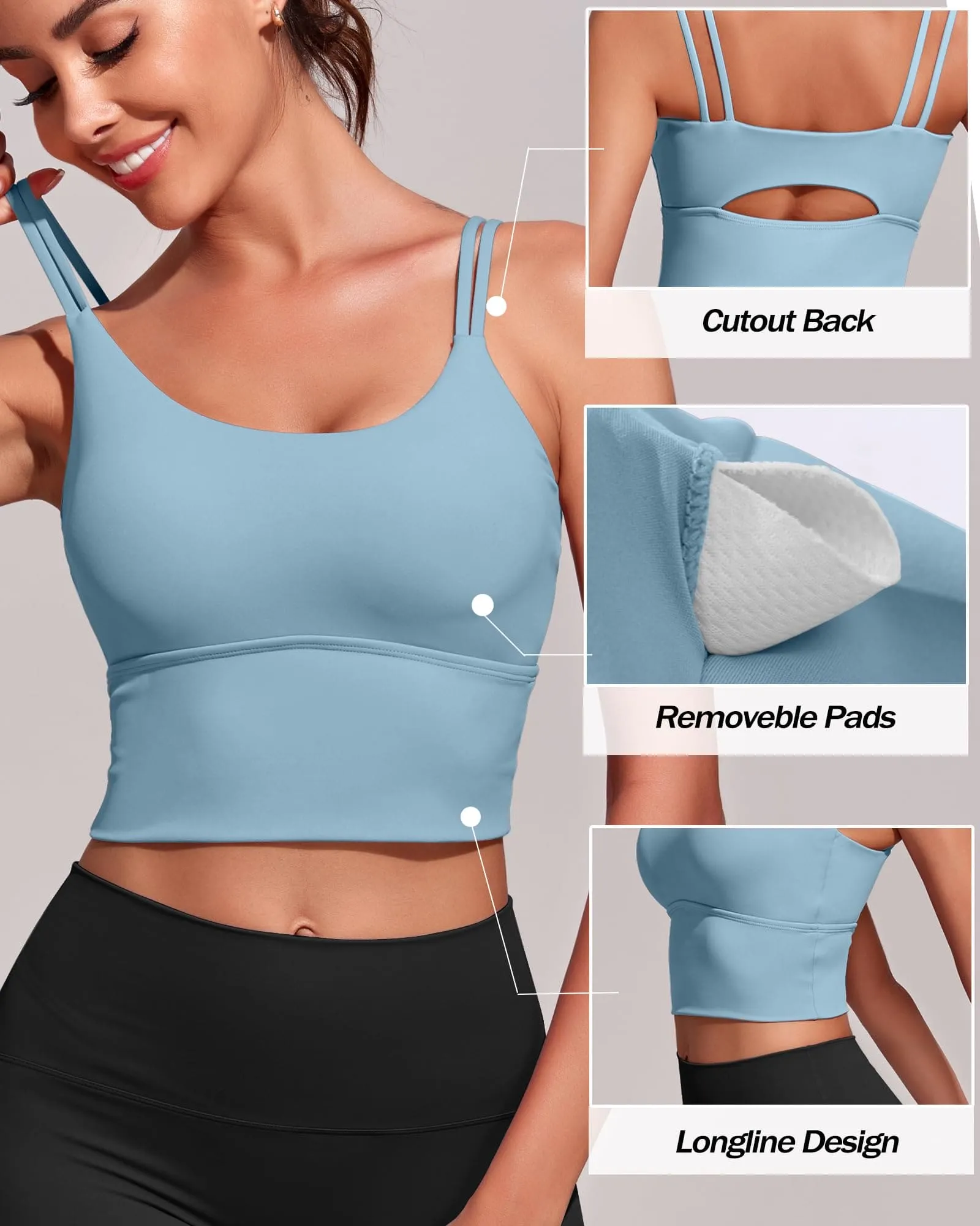 Everrysea Longline Sports Bra for Women Padded Workout Tank Tops Built in Bras Strappy Yoga Corp Top Camisole