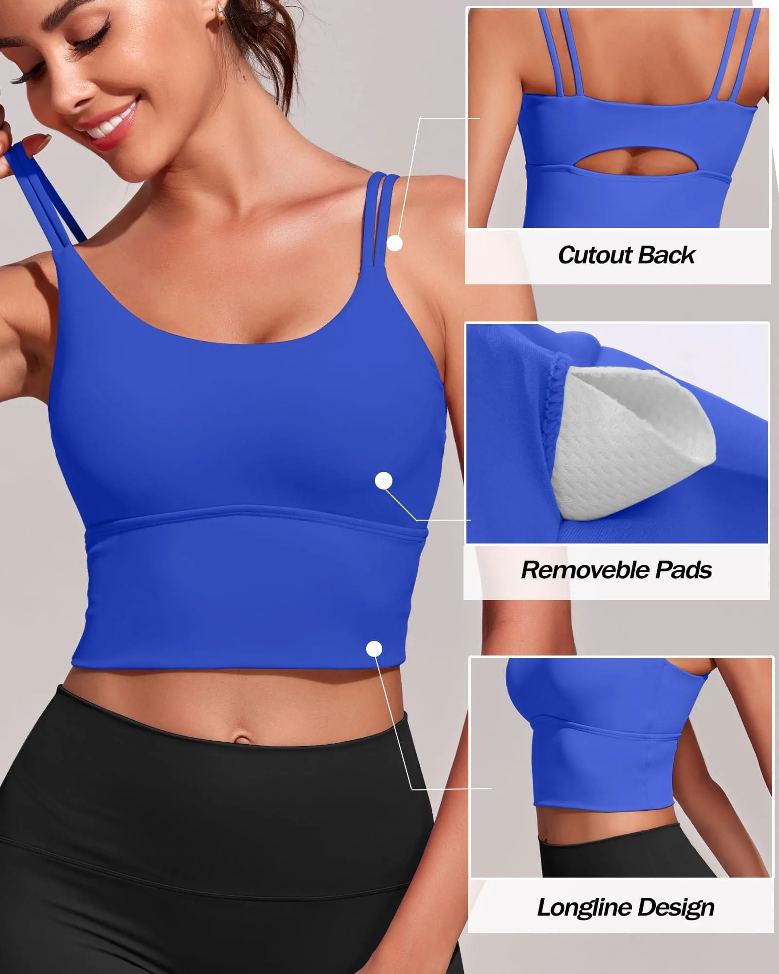 Everrysea Longline Sports Bra for Women Padded Workout Tank Tops Built in Bras Strappy Yoga Corp Top Camisole