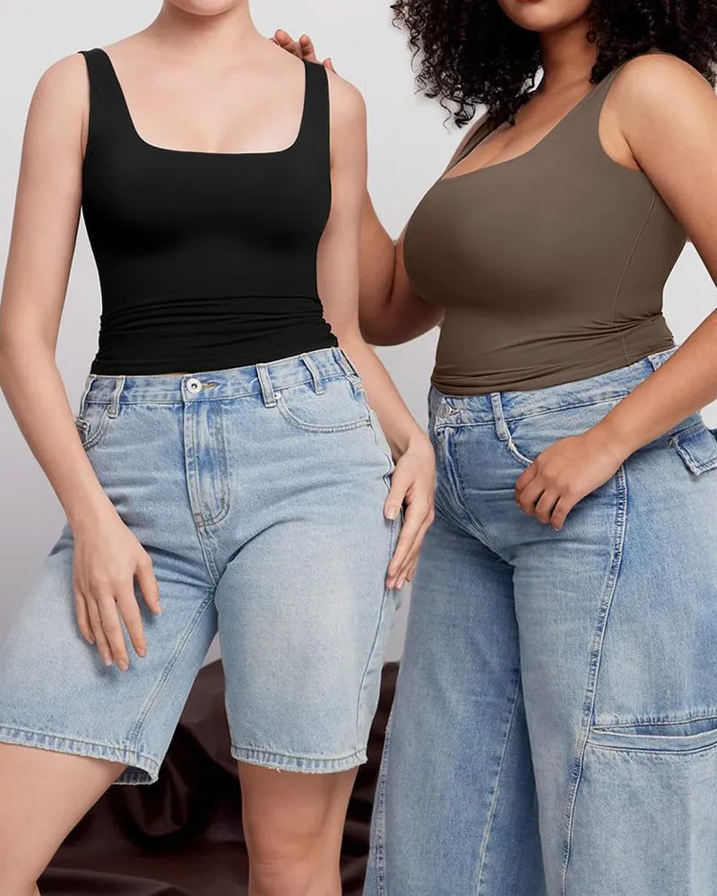 Fashion Square Neck Sleeveless Lined Basic Tops