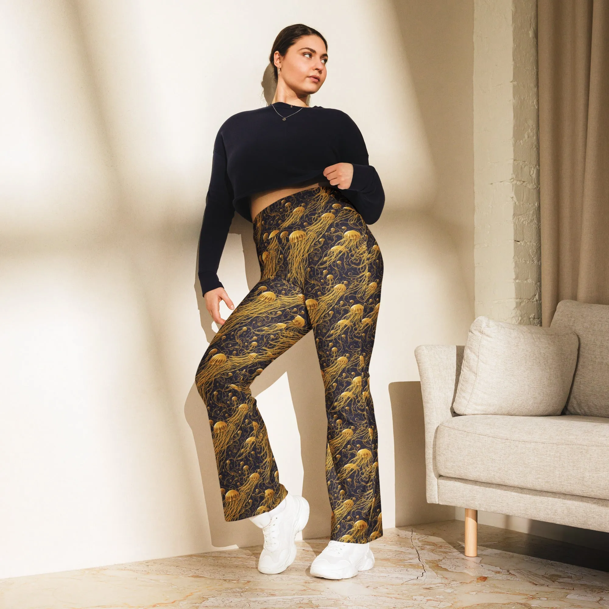 Flare Leggings Black and Gold Jellyfishes