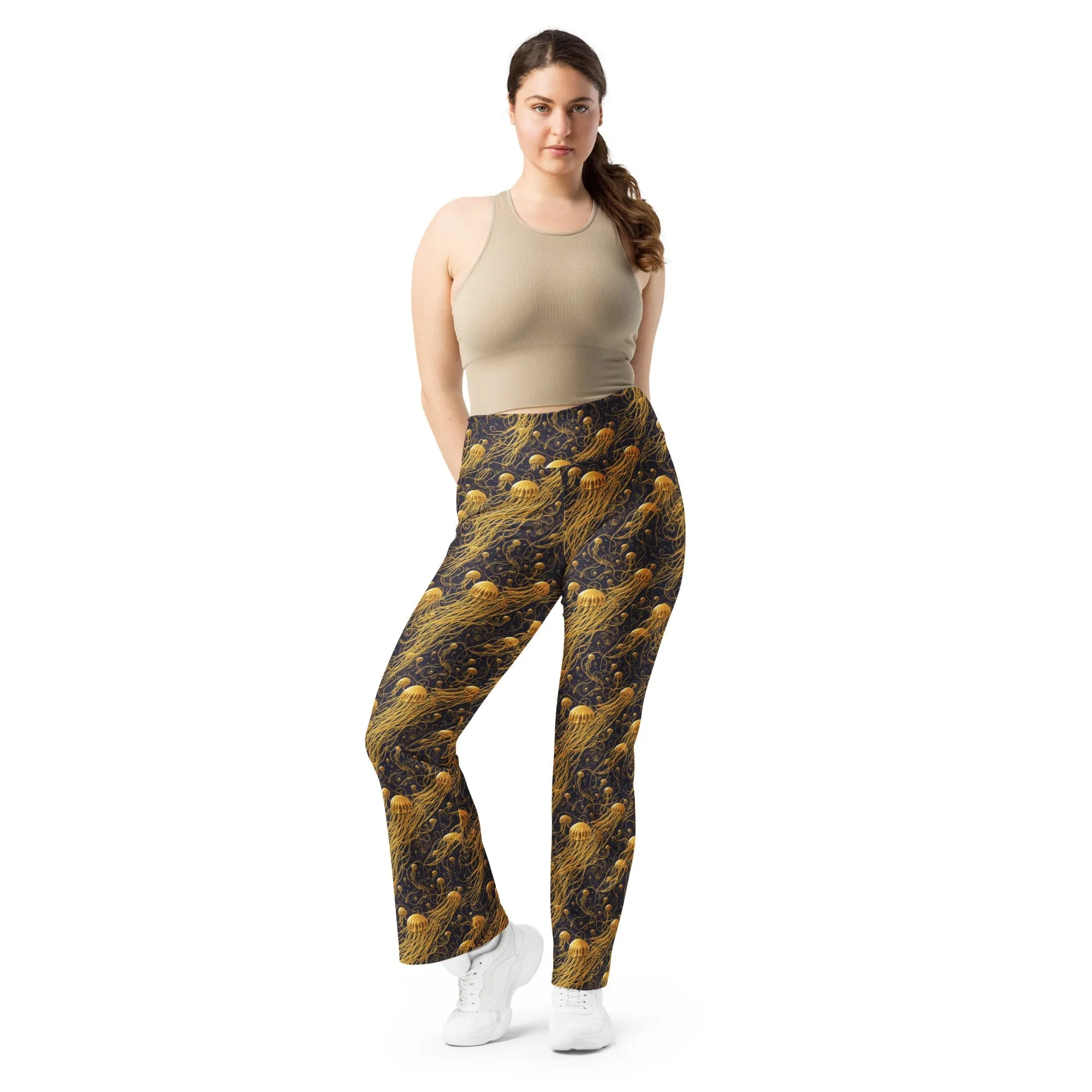 Flare Leggings Black and Gold Jellyfishes