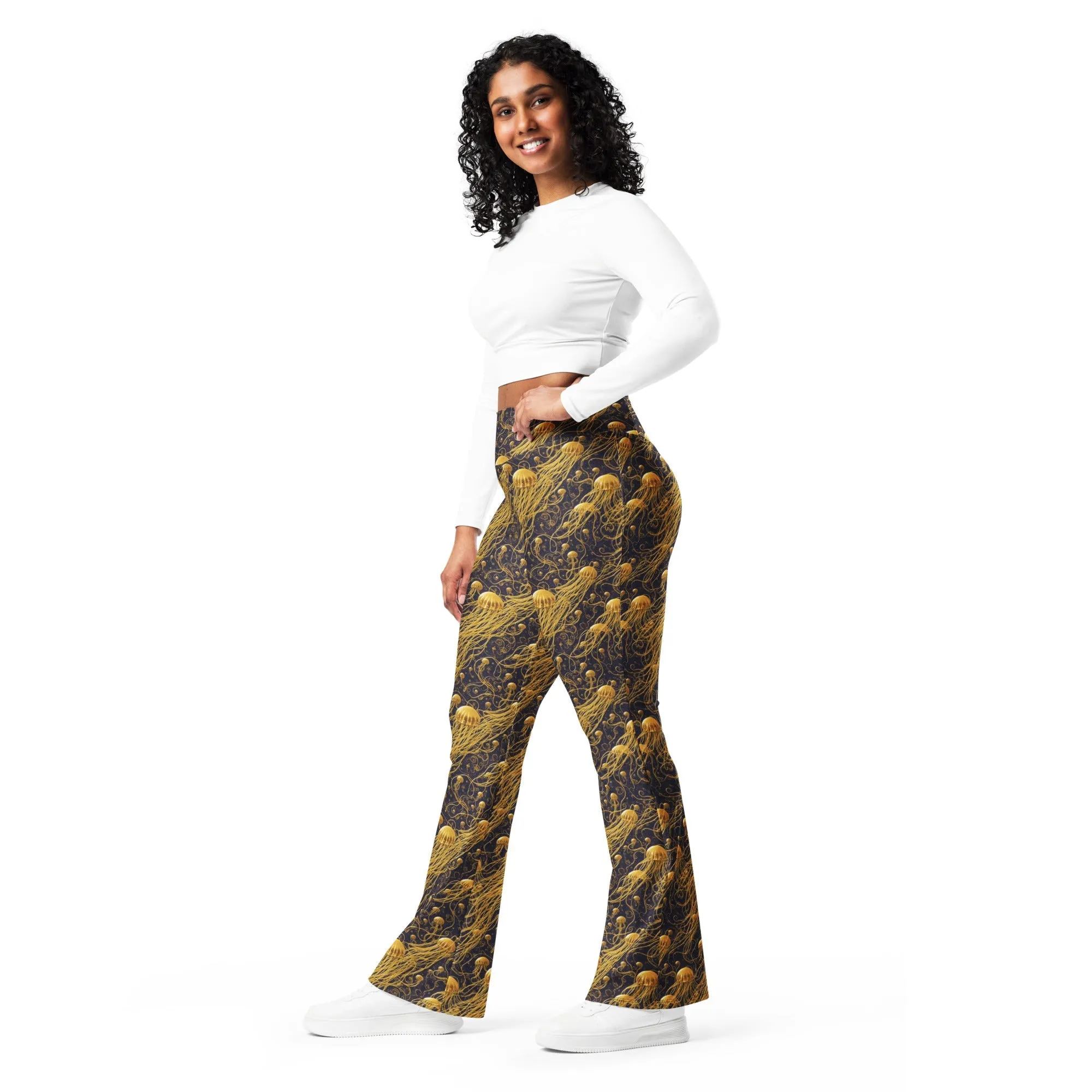 Flare Leggings Black and Gold Jellyfishes
