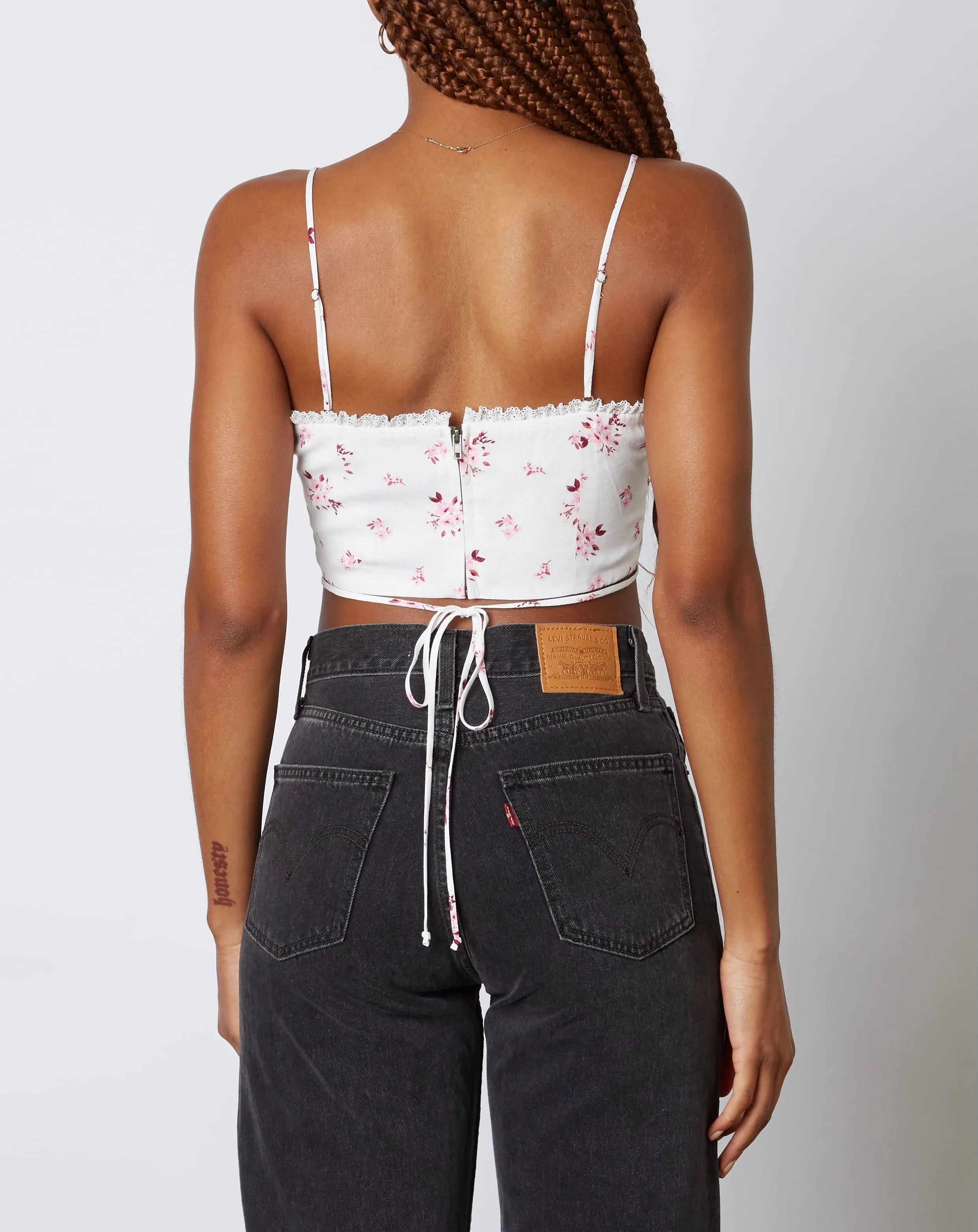 Floral Eyelet Neckline Wrap Tie Crop Top