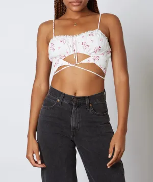 Floral Eyelet Neckline Wrap Tie Crop Top