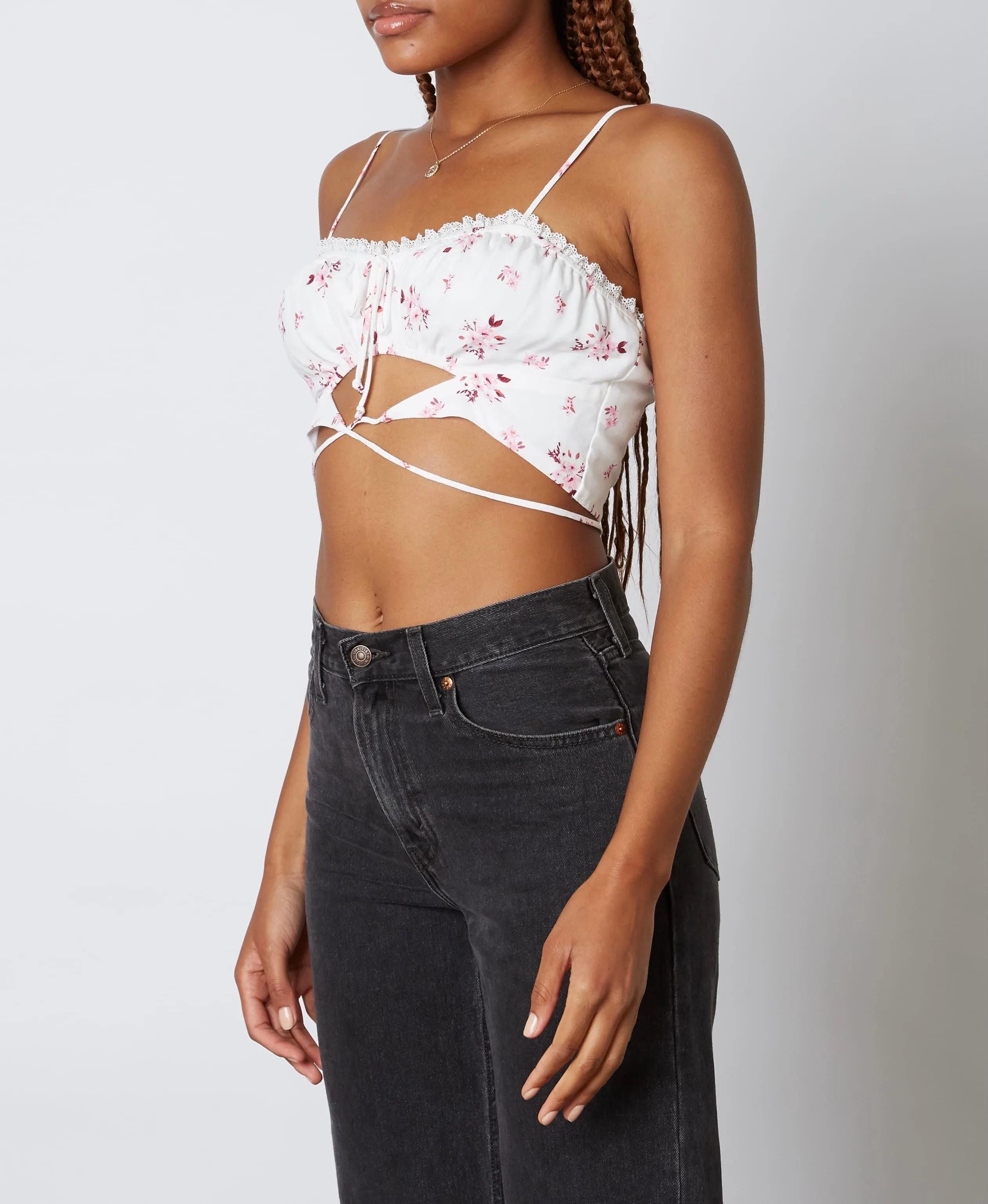 Floral Eyelet Neckline Wrap Tie Crop Top