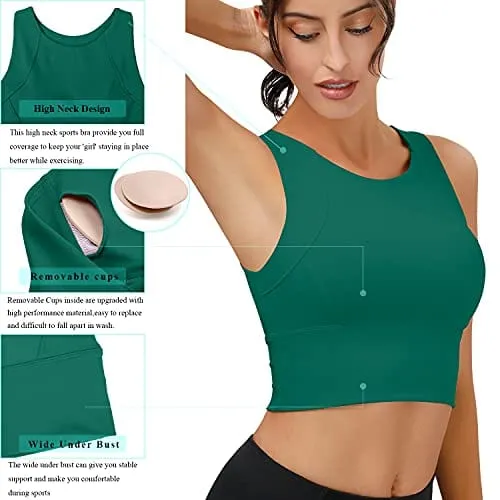 High Neck Sports Bra for Women Longline Full Coverage Sports Bras Medium Impact Padded Workout Crop Tops for Yoga Gym