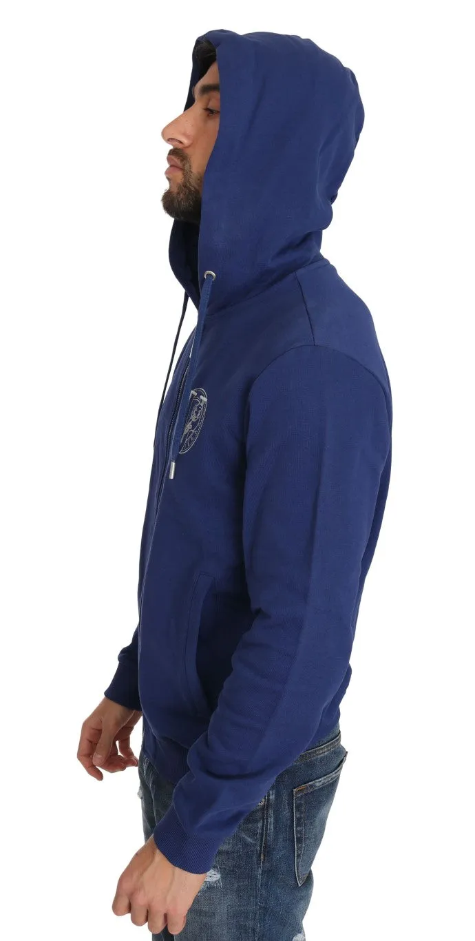 Hooded Blue Cotton Full Zipper Sweater