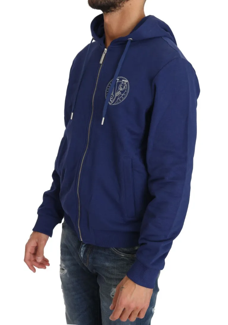 Hooded Blue Cotton Full Zipper Sweater