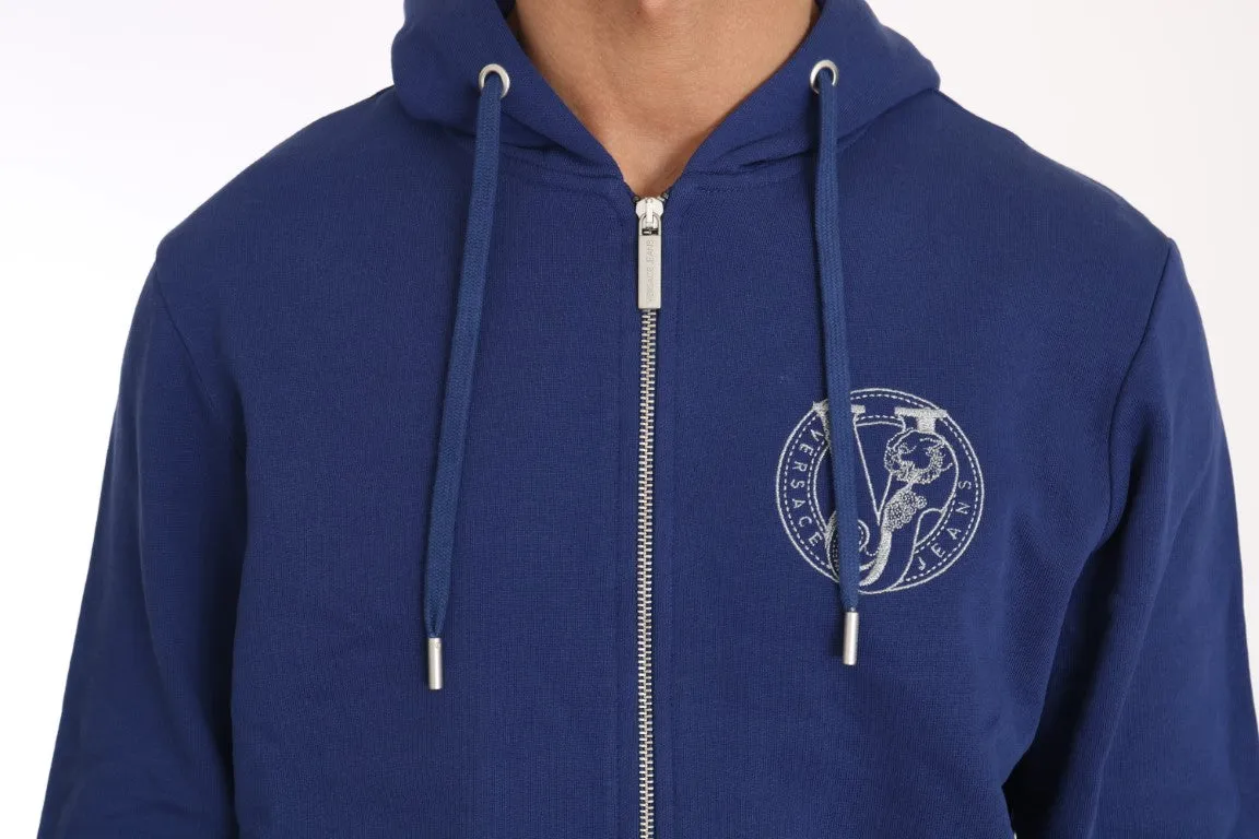 Hooded Blue Cotton Full Zipper Sweater