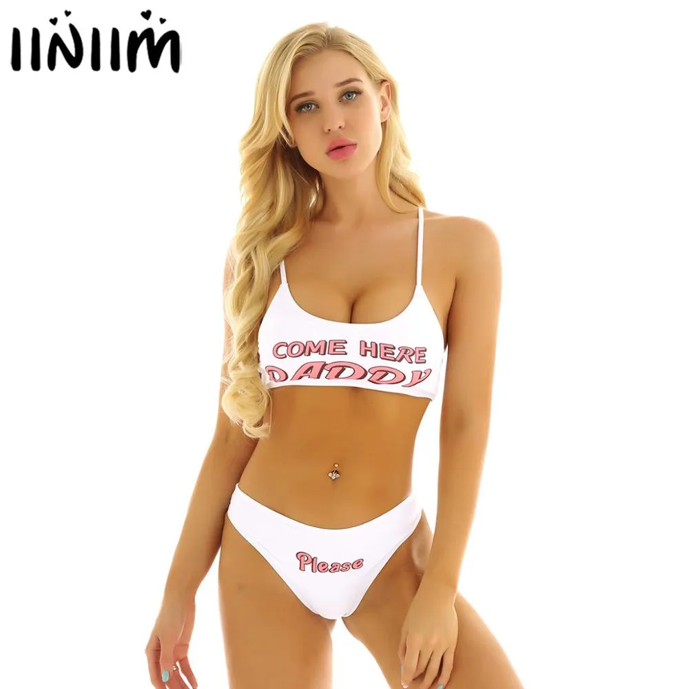 iiniim Womens Female Summer Straps Printed Mini Camisole Bra Crop Tops with Briefs Anime Costumes Sexy Streetwear