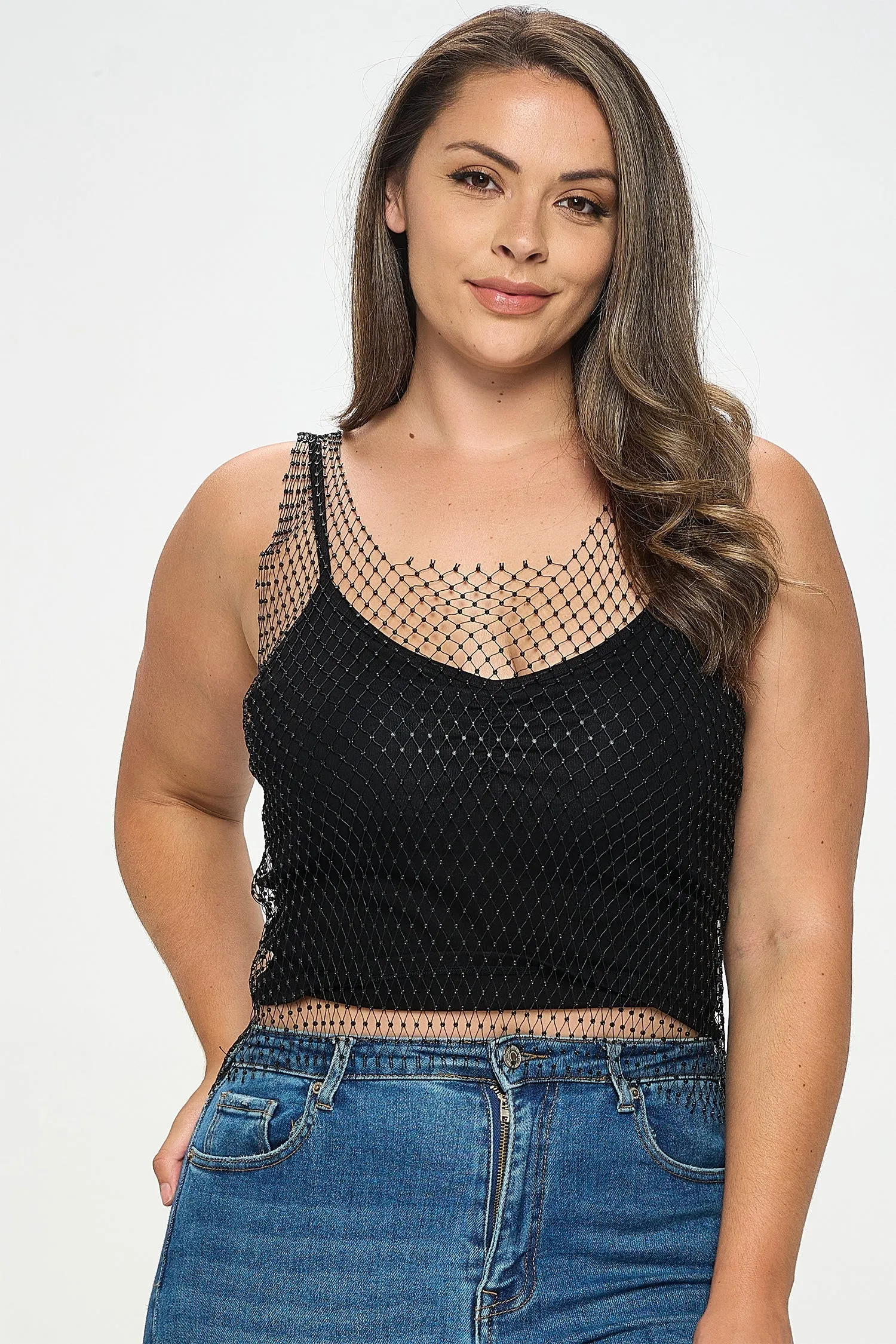 IT5622-PLUS | Tops | Junior Plus Rhinestone Fishnet Tank Top