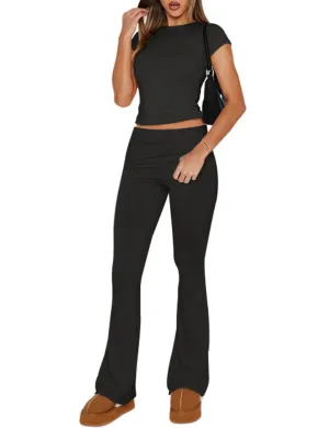 Ivicoer Women's Two Piece Outfit Basic Short Sleeve Crop Top and Low Rise Flare Pants Set High Waisted Pants Lounge 2 Piece Yoga Tracksuit Women Outfits Black M